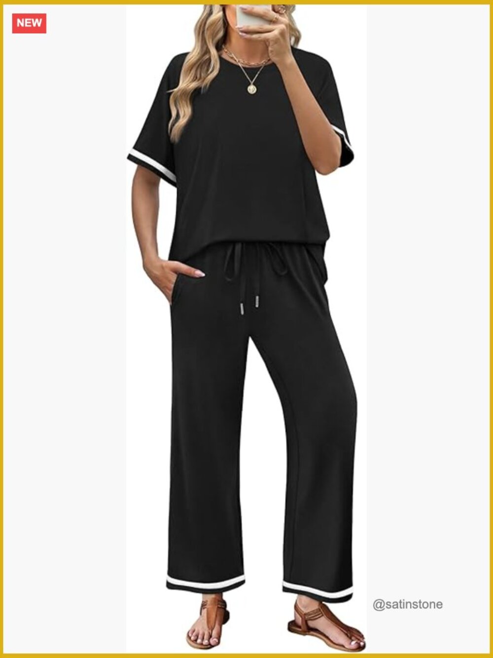 Two Piece Lounge Set Short Sleeve Wide Leg Pants With Pockets Travel Vacation